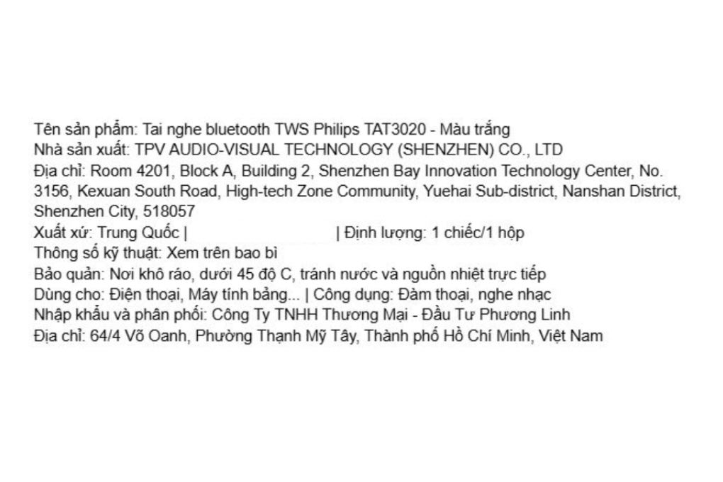 Tai nghe Bluetooth True Wireless Philips Tat3020 Trắng Màu Trắng