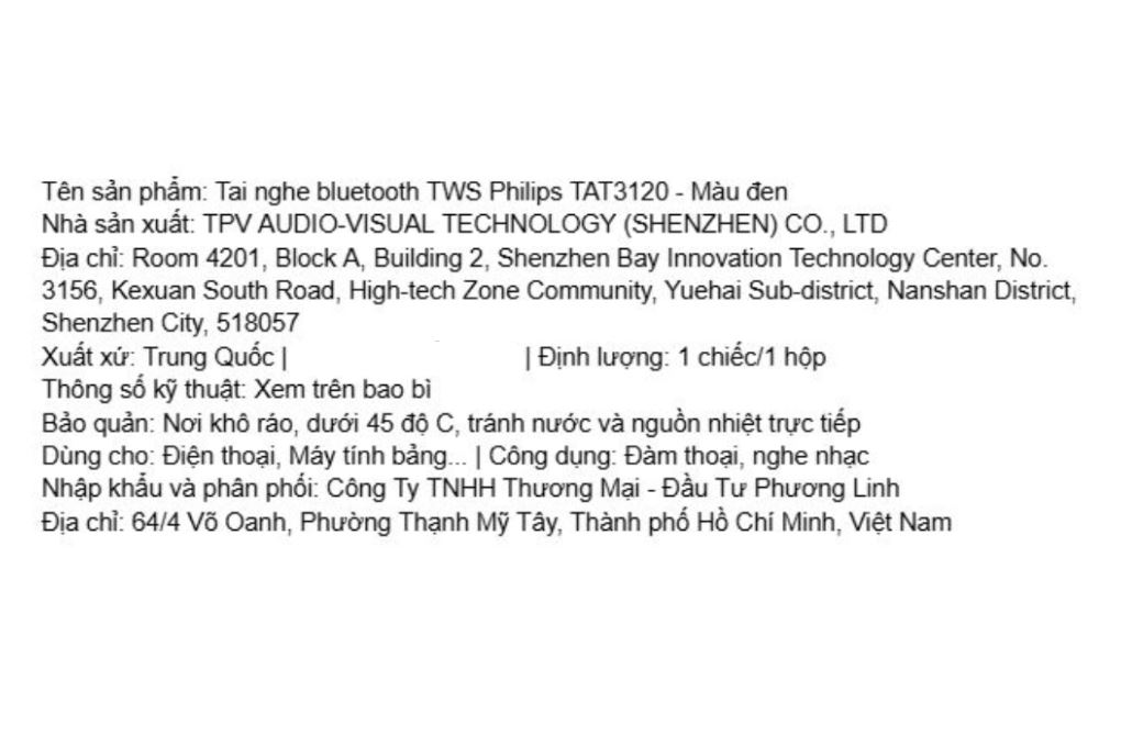 Tai nghe Bluetooth True Wireless Philips Tat3120 Đen Màu Đen