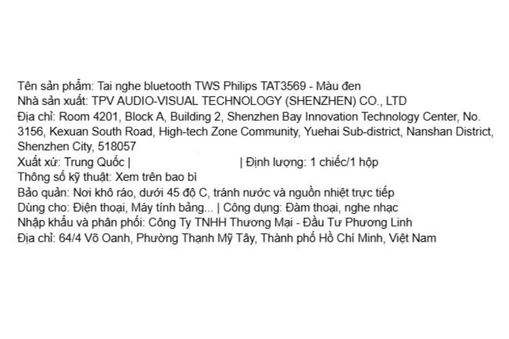 Tai nghe Bluetooth True Wireless Philips Tat3569 Đen Màu Đen