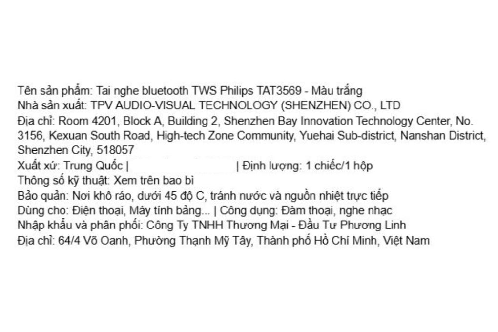 Tai nghe Bluetooth True Wireless Philips Tat3569 Trắng Màu Trắng