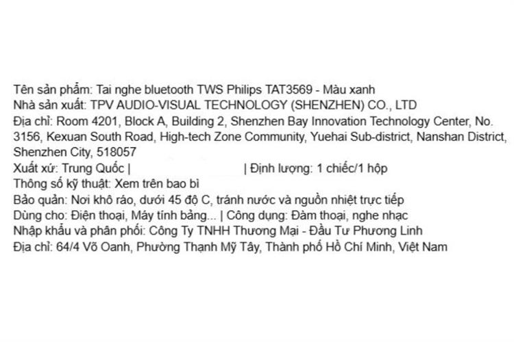 Tai nghe Bluetooth True Wireless Philips Tat3569 Xanh Màu Xanh Dương