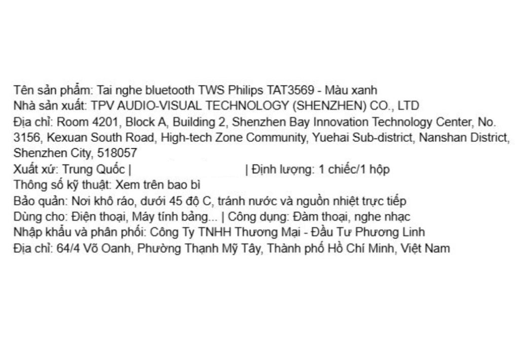 Tai nghe Bluetooth True Wireless Philips Tat3569 Xanh Màu Xanh Dương
