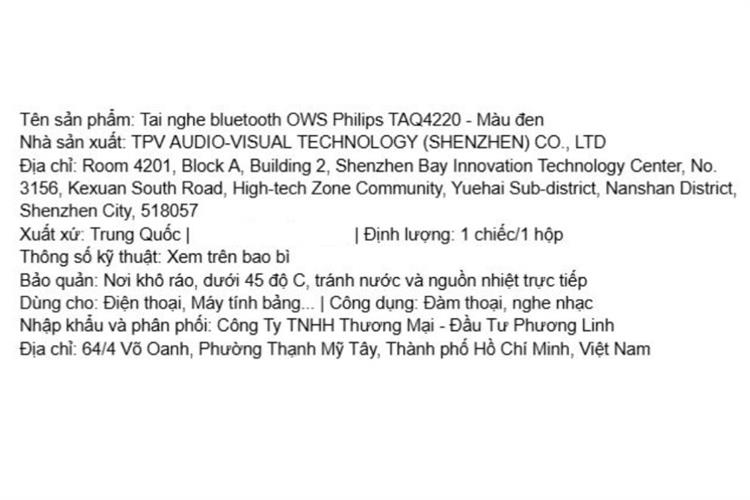 Tai nghe Bluetooth Open-Ear OWS Philips Taq4220 Đen Màu Đen