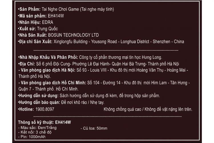 Tai nghe Chụp Tai USB EDRA EH414W Màu Đen