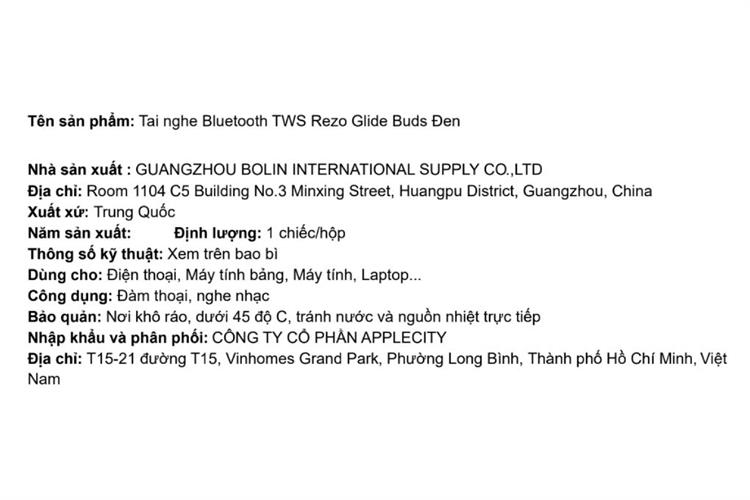 Tai nghe Bluetooth True Wireless Rezo Glide Buds Màu Đen