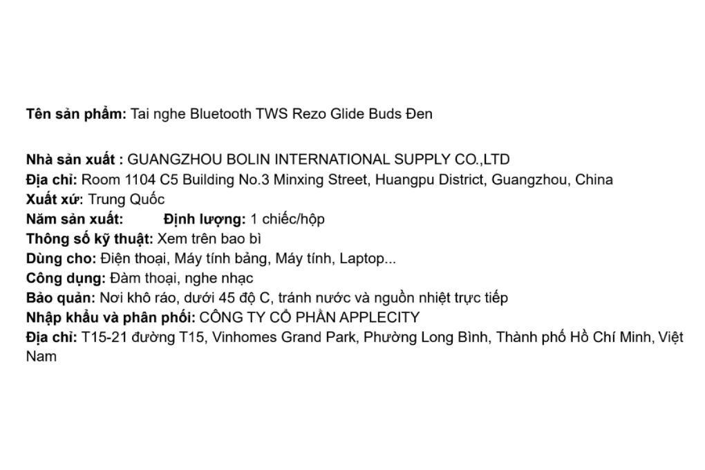 Tai nghe Bluetooth True Wireless Rezo Glide Buds Màu Đen