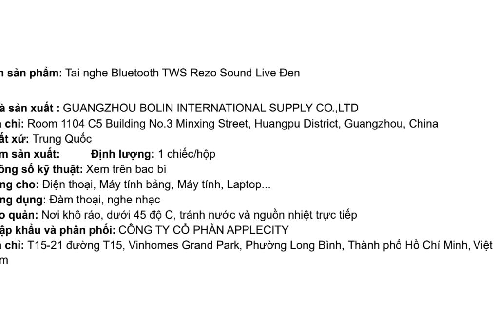 Tai nghe Bluetooth True Wireless Rezo Glide Buds Sound Live Màu Đen