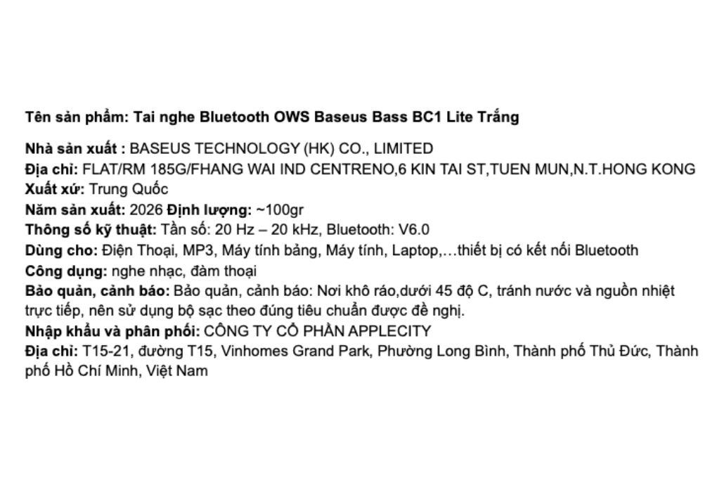Tai nghe Bluetooth Open-Ear OWS Baseus Bass BC1 Lite Màu Trắng