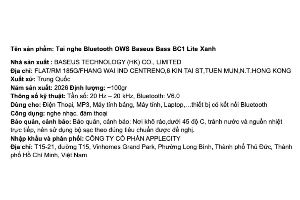 Tai nghe Bluetooth Open-Ear OWS Baseus Bass BC1 Lite Màu Xanh Dương