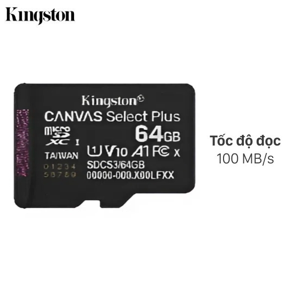 Thẻ nhớ Kingston MicroSD 64GB Select Pls Gen3 100R