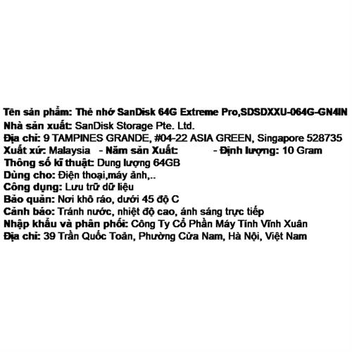 Thẻ nhớ Sandisk SDHC 64GB Extreme Pro class 10_U3 Màu Đen - Đỏ