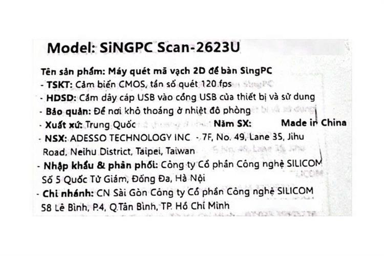 Máy quét mã vạch 2D cầm tay có dây SingPC Scan-2623U Màu Đen