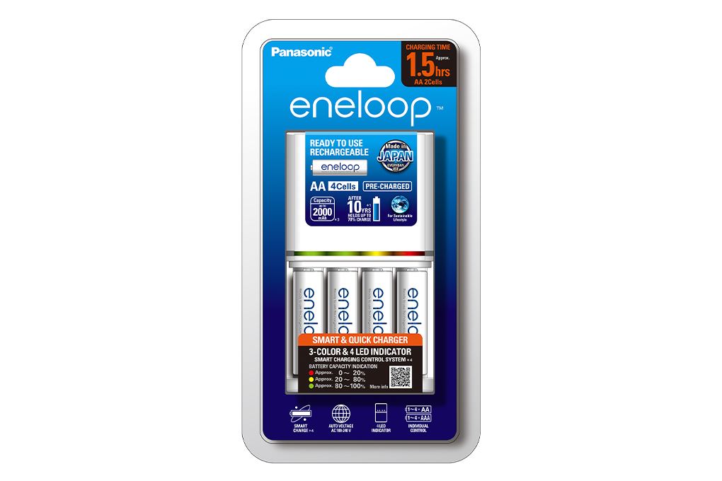 Bộ sạc nhanh 2h Panasonic Eneloop K-KJ55 2000mAH (kèm 4 viên pin AA) Màu Trắng