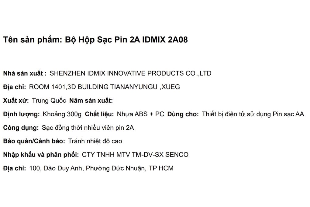 Bộ Hộp Sạc 2h IDMIX 2A08 Pin 2A Màu Đen