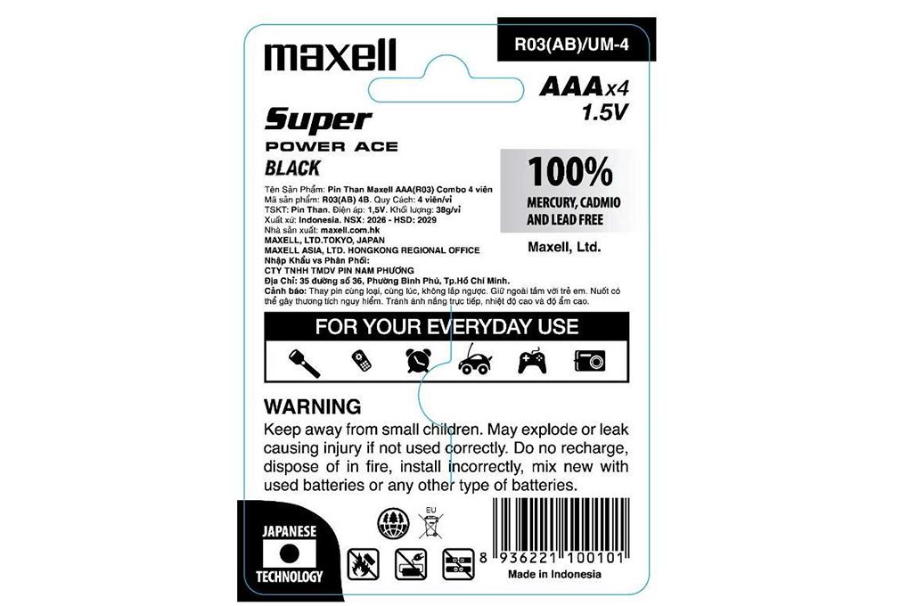 Pin AAA 4 viên Zinc Carbon Maxell R03 Màu Đen