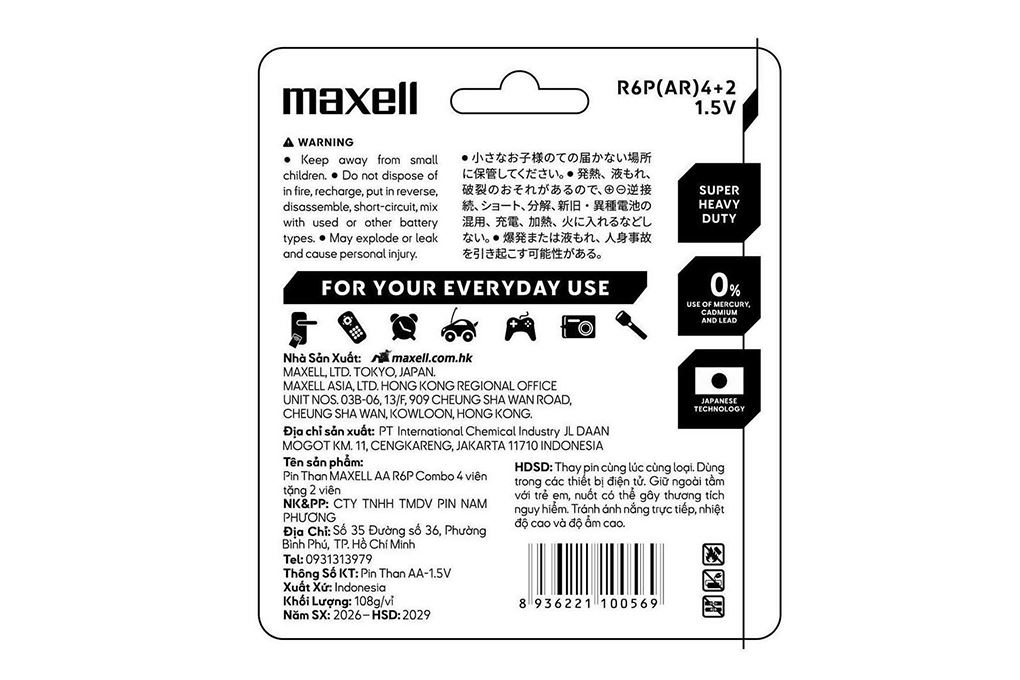 Pin AA 6 viên Zinc Carbon Maxell R6P Màu Đỏ