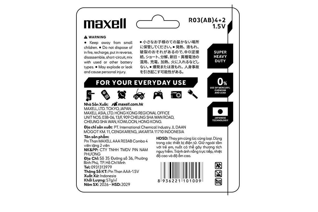 Pin AAA 6 viên Zinc Carbon Maxell R03 Màu Đen