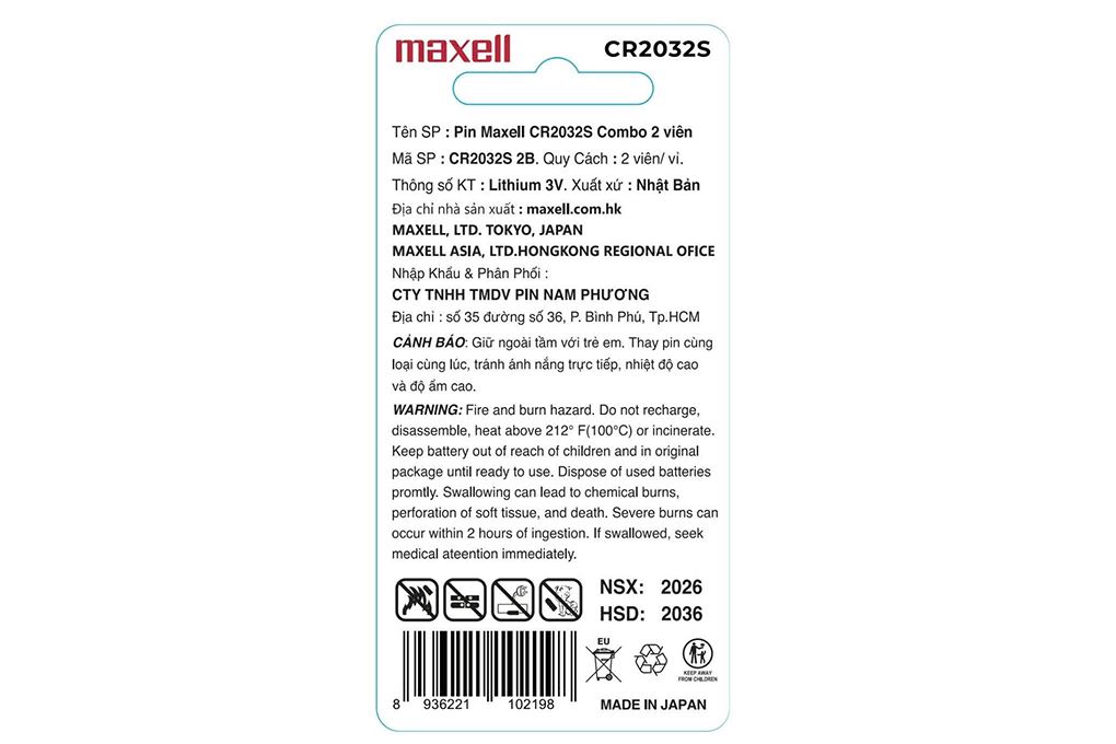 Pin Nút 2 viên Maxell CR2032S Màu Bạc