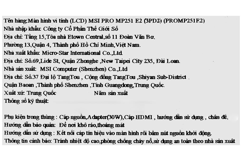 Màn hình MSI PRO MP251 E2 24.5 inch FHD/IPS/120Hz/1ms Màu Đen