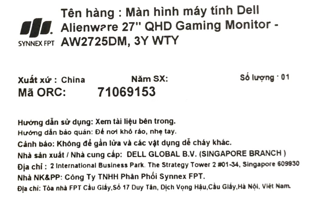 Màn hình Gaming Dell Alienware AW2725DM 27 inch 2K/Fast IPS/180Hz/1ms Màu Đen