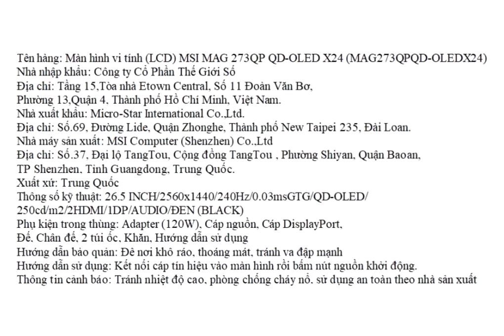 Màn hình Gaming MSI MAG 273QP QD-OLED X24 26.5 inch 2K/QD-OLED/240Hz/0.03ms Màu Đen