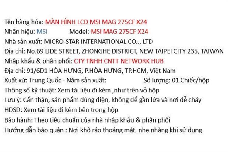 Màn hình MSI MAG 275CF X24 (27 inch Full HD, VA, 240Hz, 0.5ms) Màu Đen