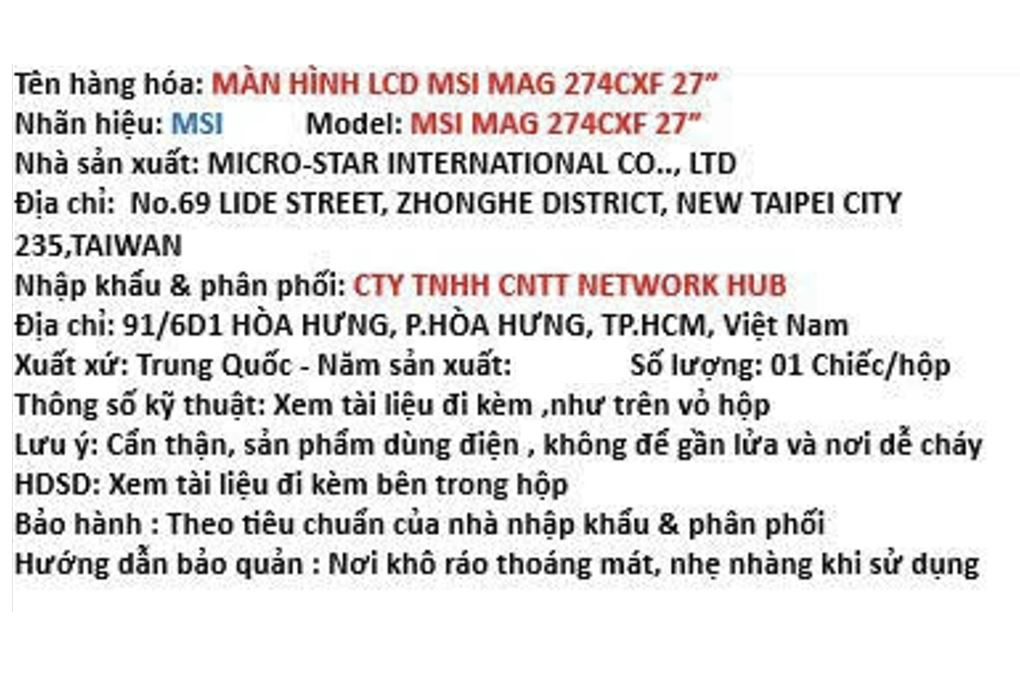 Màn hình Gaming MSI MAG 274CXF (27 inch, Full HD, VA, 280Hz, 0.5ms) Màu Đen