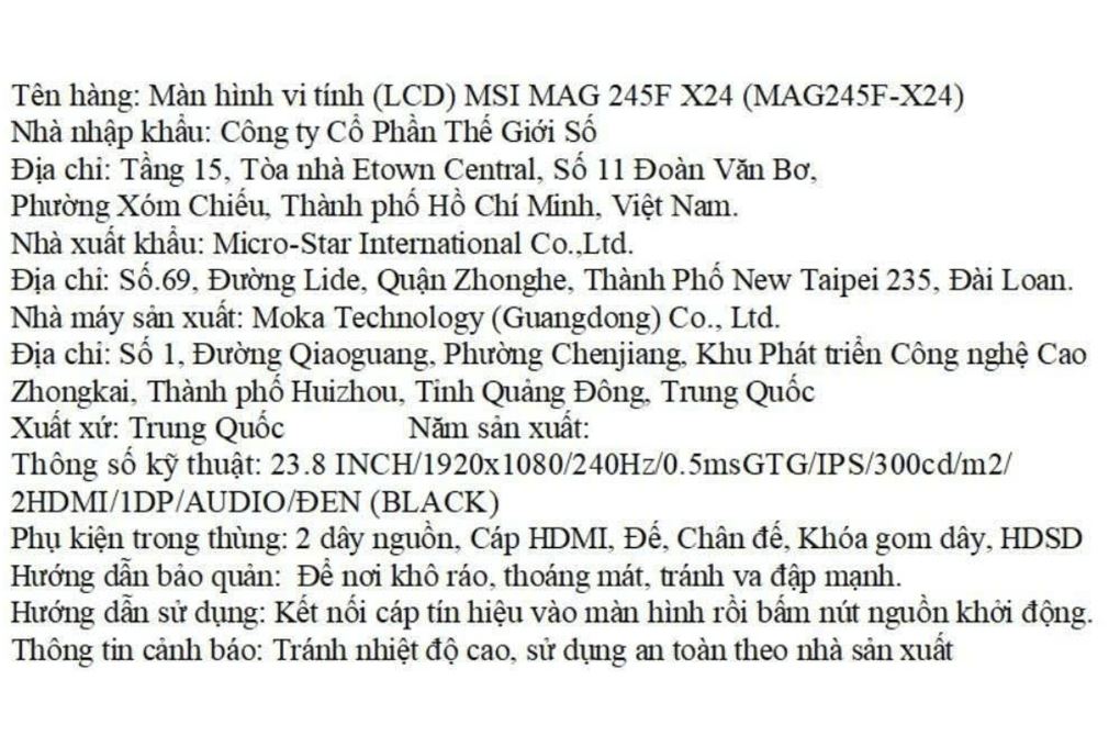 Màn hình Gaming MSI MAG 245F-X24 (23.8 inch, Full HD, Rapid IPS, 240Hz, 0.5ms) Màu Đen