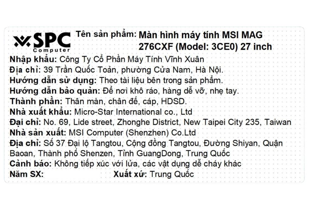 Màn hình Gaming MSI MAG 276CXF (27 inch, Full HD, VA, 280Hz, 0.5ms) Màu Đen