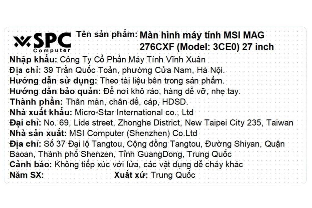 Màn hình Gaming MSI MAG 276CXF (27 inch, Full HD, VA, 280Hz, 0.5ms) Màu Đen