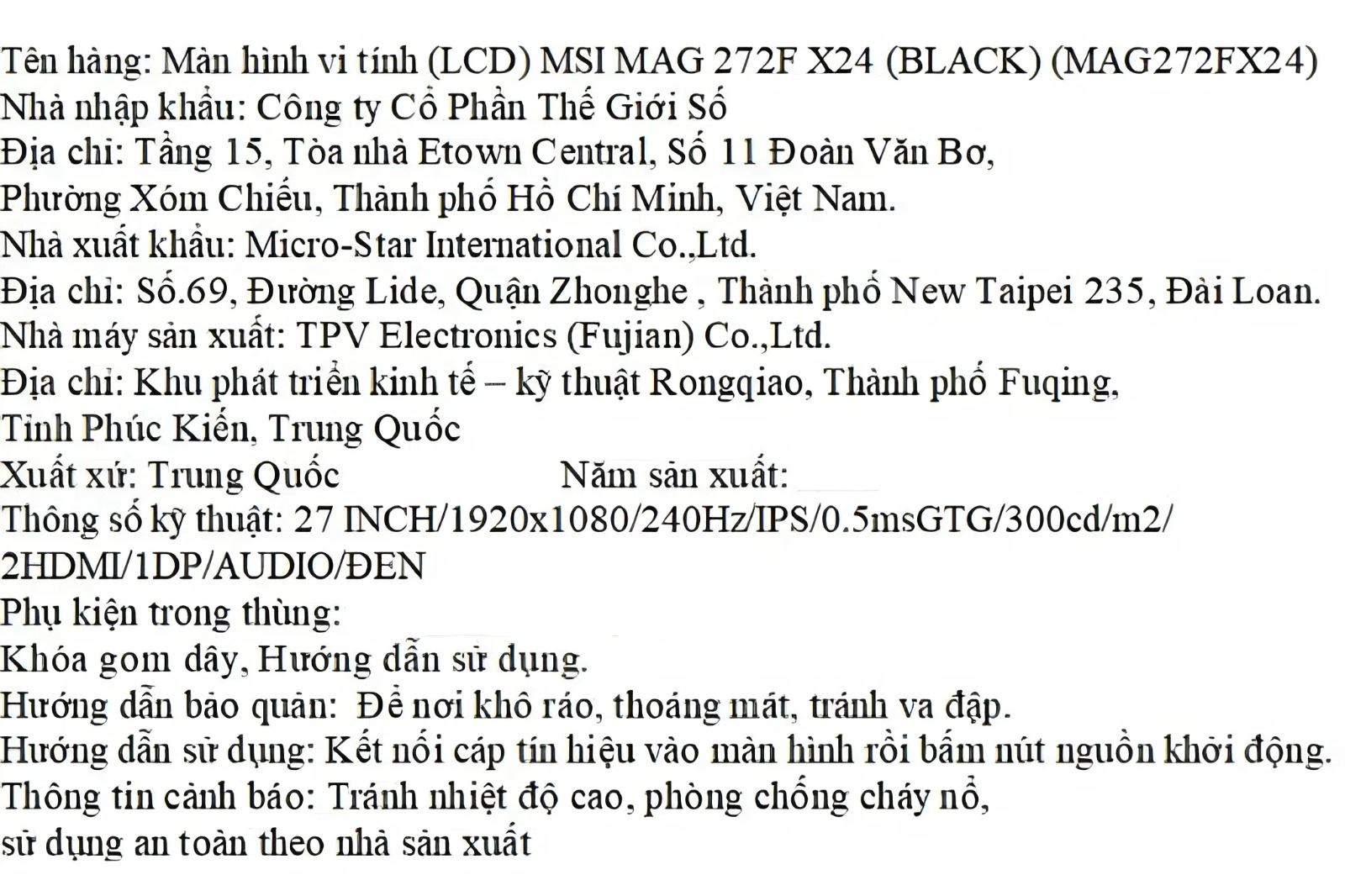 Màn hình Gaming MSI MAG 272F-X24 (27 inch, Full HD, IPS, 240Hz, 0.5ms) Màu Đen