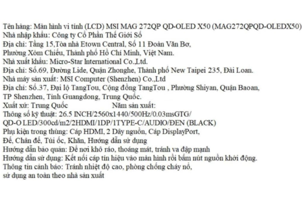 Màn hình Gaming MSI MAG 272QP QD-OLED X50 26.5 inch 2K/QD-OLED/500Hz/0.03ms Màu Đen