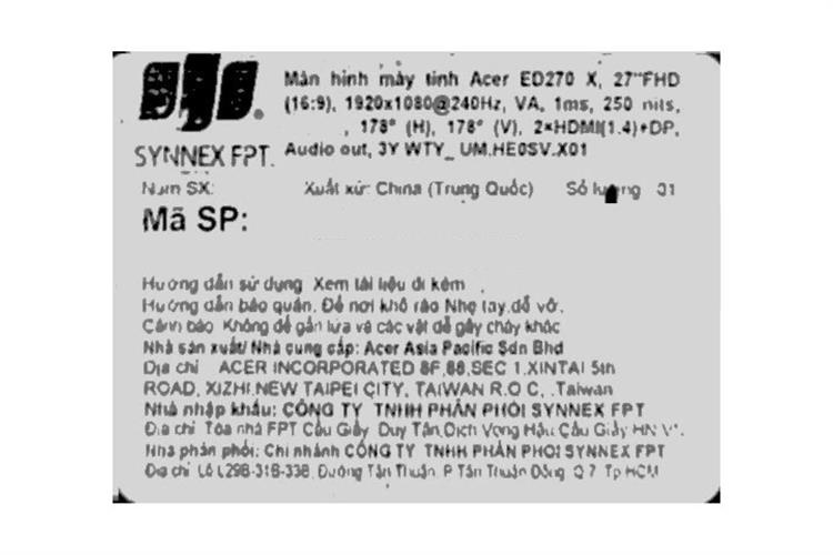 Màn hình Gaming Acer Nitro ED270 X (27 inch, Full HD, VA, 240Hz, 1ms) Màu Đen