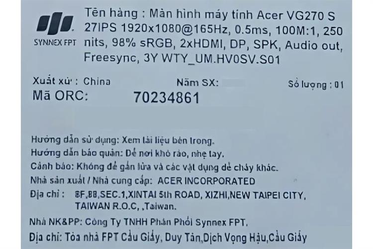 Màn hình Gaming Acer Nitro VG270 S (27 inch, Full HD, IPS, 165Hz, 1ms) Màu Đen