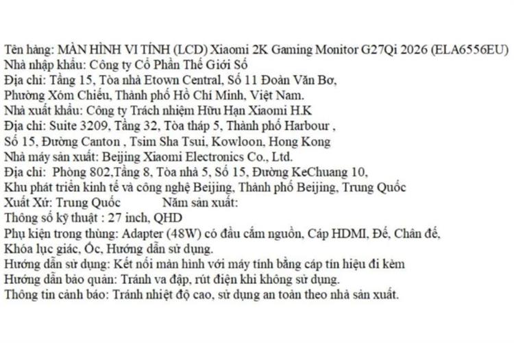 Màn hình Gaming Xiaomi G27Qi 2026 (27 inch, QHD, IPS, 200Hz, 1ms) Màu Đen