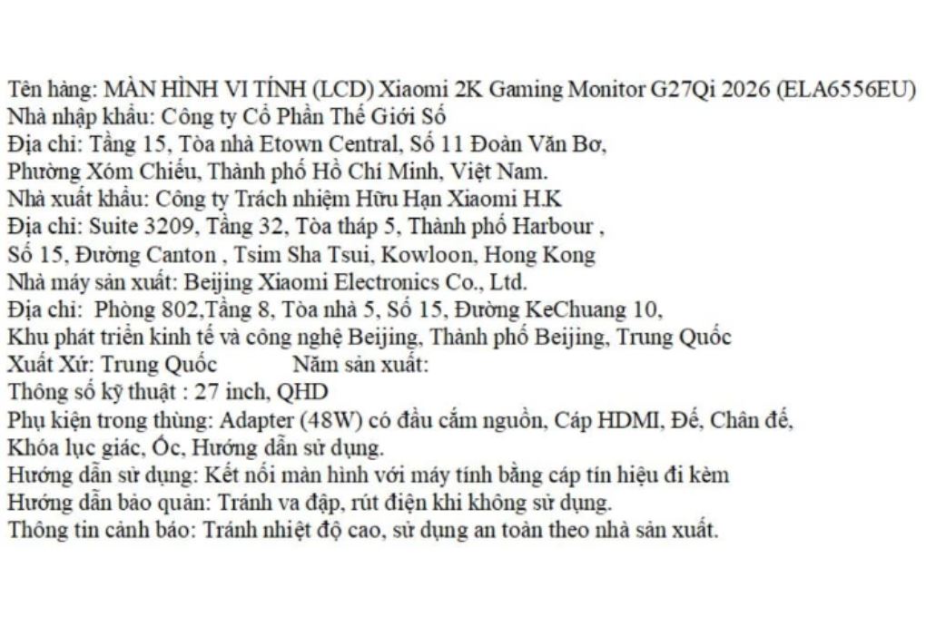 Màn hình Gaming Xiaomi G27Qi 2026 (27 inch, QHD, IPS, 200Hz, 1ms) Màu Đen