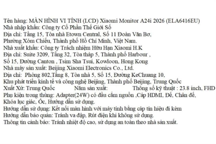 Màn hình Xiaomi A24i 2026 (23.8 inch, Full HD, IPS, 144Hz, 6ms) Màu Đen