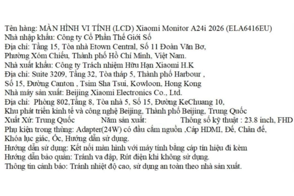 Màn hình Xiaomi A24i 2026 (23.8 inch, Full HD, IPS, 144Hz, 6ms) Màu Đen