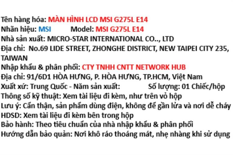 Màn hình Gaming MSI G275L E14 (27 inch, Full HD, IPS, 144Hz, 1ms) Màu Đen