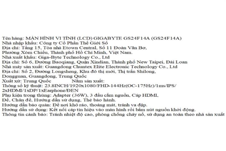 Màn hình Gaming GIGABYTE GS24F14A (23.8 inch, Full HD, IPS, 144Hz, 1ms) Màu Đen