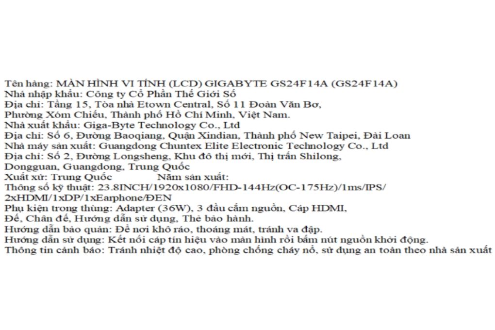 Màn hình Gaming GIGABYTE GS24F14A (23.8 inch, Full HD, IPS, 175Hz, 1ms) Màu Đen