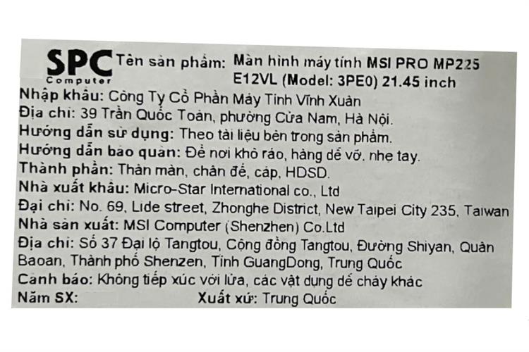 Màn hình MSI PRO MP225 E12VL (21.45 inch, Full HD, VA, 120Hz, 1ms) Màu Đen