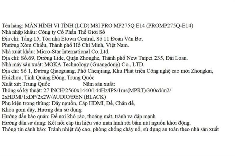 Màn hình Gaming MSI PRO MP275Q-E14 (27 inch, WQHD, IPS, 144Hz, 4ms) Màu Đen