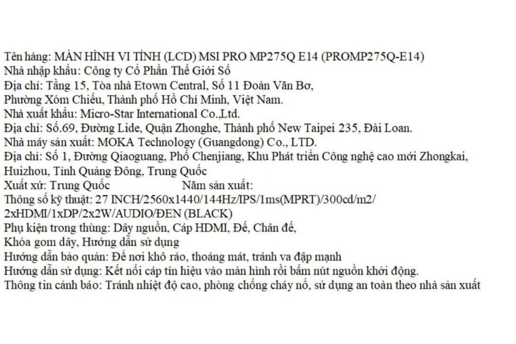 Màn hình Gaming MSI PRO MP275Q-E14 (27 inch, WQHD, IPS, 144Hz, 4ms) Màu Đen