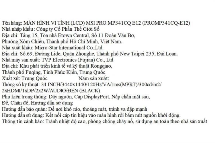 Màn hình MSI PRO MP341CQ-E12 (34 inch, UWQHD, VA, 120Hz, 1ms) Màu Đen