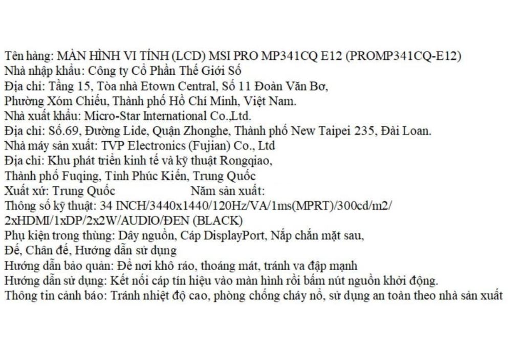 Màn hình MSI PRO MP341CQ-E12 (34 inch, UWQHD, VA, 120Hz, 1ms) Màu Đen
