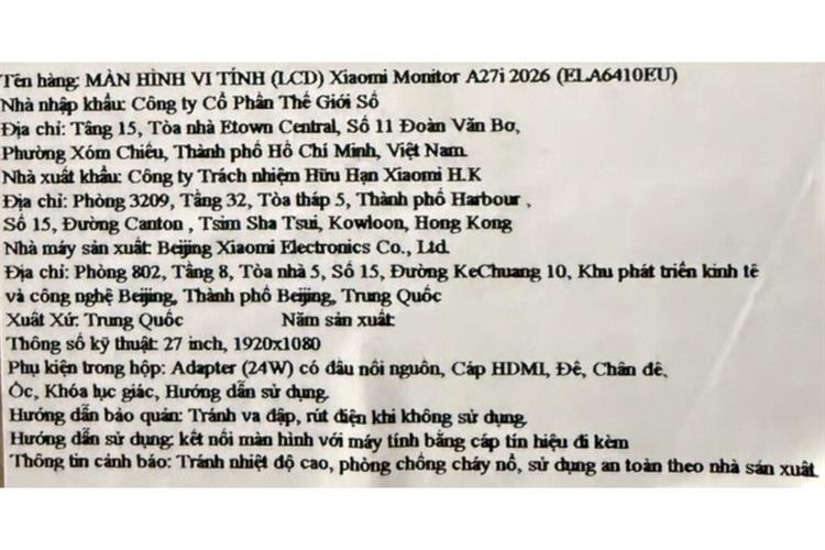 Màn hình Xiaomi A27i 2026 (27 inch Full HD, Full HD, 144Hz, 6ms) Màu Đen