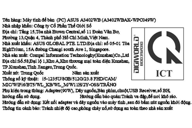 ASUS AIO A3402WBAK i5 1235U/8GB/512GB/23.8"FullHD/WLKB/WLMouse/Win11 (WPC049W) Màu Trắng