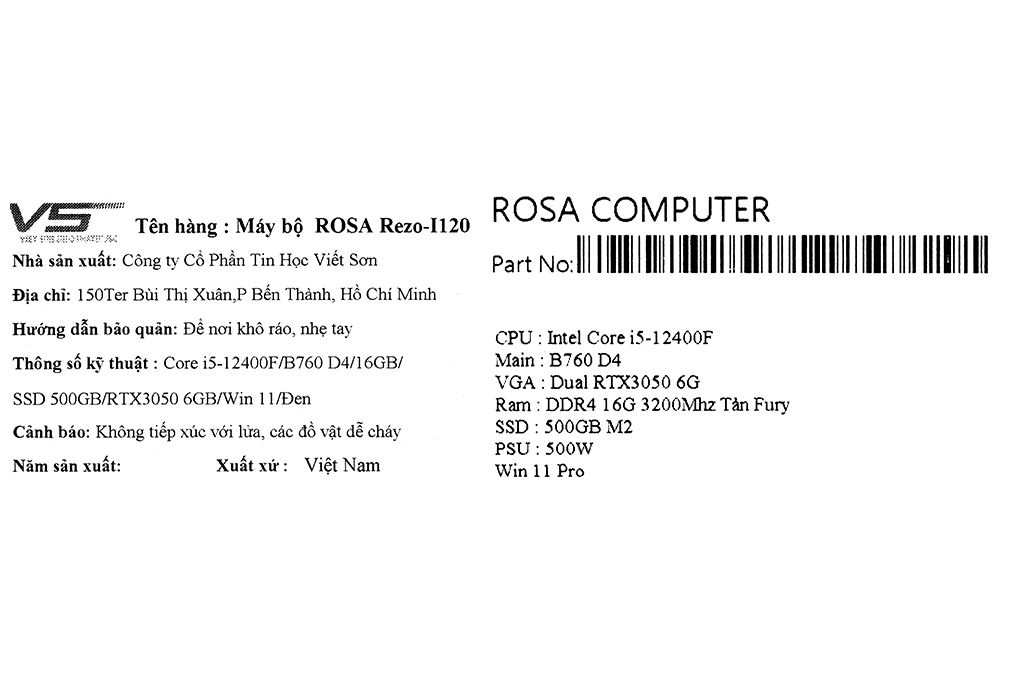 ROSA Rezo I120 Core i5 12400F/16GB/SSD 500GB/RTX3050 6GB/Win11 Pro Màu Đen