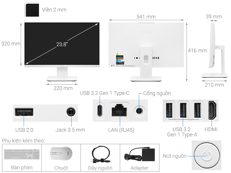 ASUS AIO V440VAK i3 1315U/8GB/512GB/23.8"Full HD/Bàn phím/Chuột/Win11 (WPC066W)